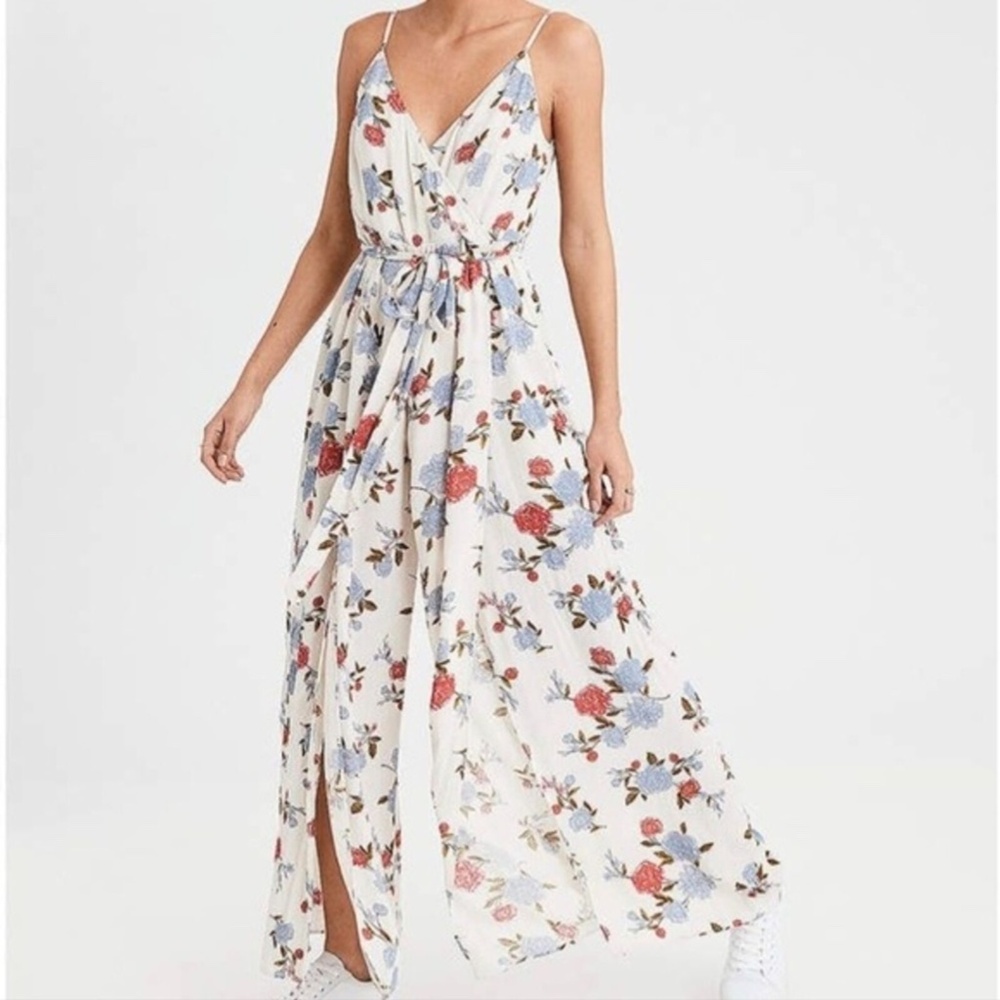 Ivory floral jumpsuit with leg slits